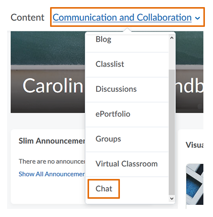 Communication and Collaboration drop-down menu with the Chat link
